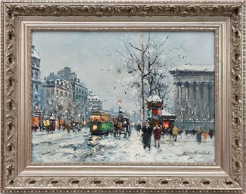 ANTOINE BLANCHARD (French 1910-1988) Oil on canvas Depicting a Paris snow scene with trolleys, cars,