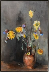 JEAN JANSEM (French 1920-2013) Oil on canvas- Chardon's Bleus. Depicting a still life vase with