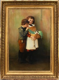 Karl Witkowski (Polish/American, 1860-1910) oil on canvas, children playing with kitten. 30 x 20