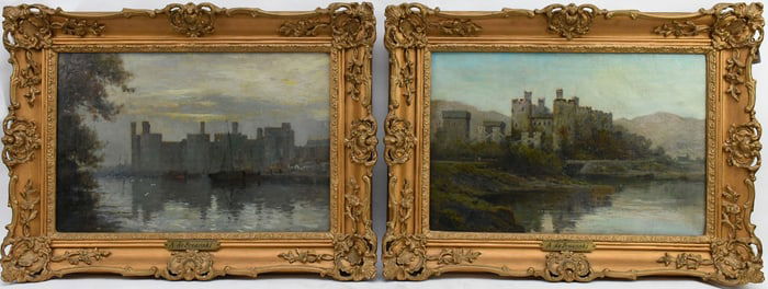 Pair of Alfred de Breanski, Sr. (British, 1852-1928) oil on canvas, Caernarfon & Conway Castle