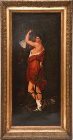 19th century French school, oil on canvas "huntress" in the manor of Bouguereau 40 x 18 inches.
