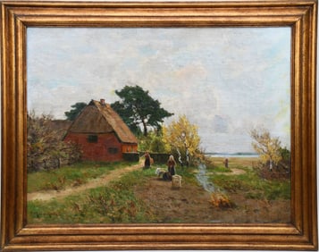 Mueller Kaempff oil on canvas, Farm Scene, approximately 24 x 32 overall frame size 30 x 37