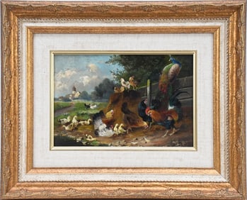 Max Haenger German Painting, oil on board, Farm Animals approximately 6" x 9" overall frame size 12