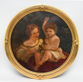 Anique Continental Painting depicting a Mother and her Child. Oil on canvas. Set in In round gilt