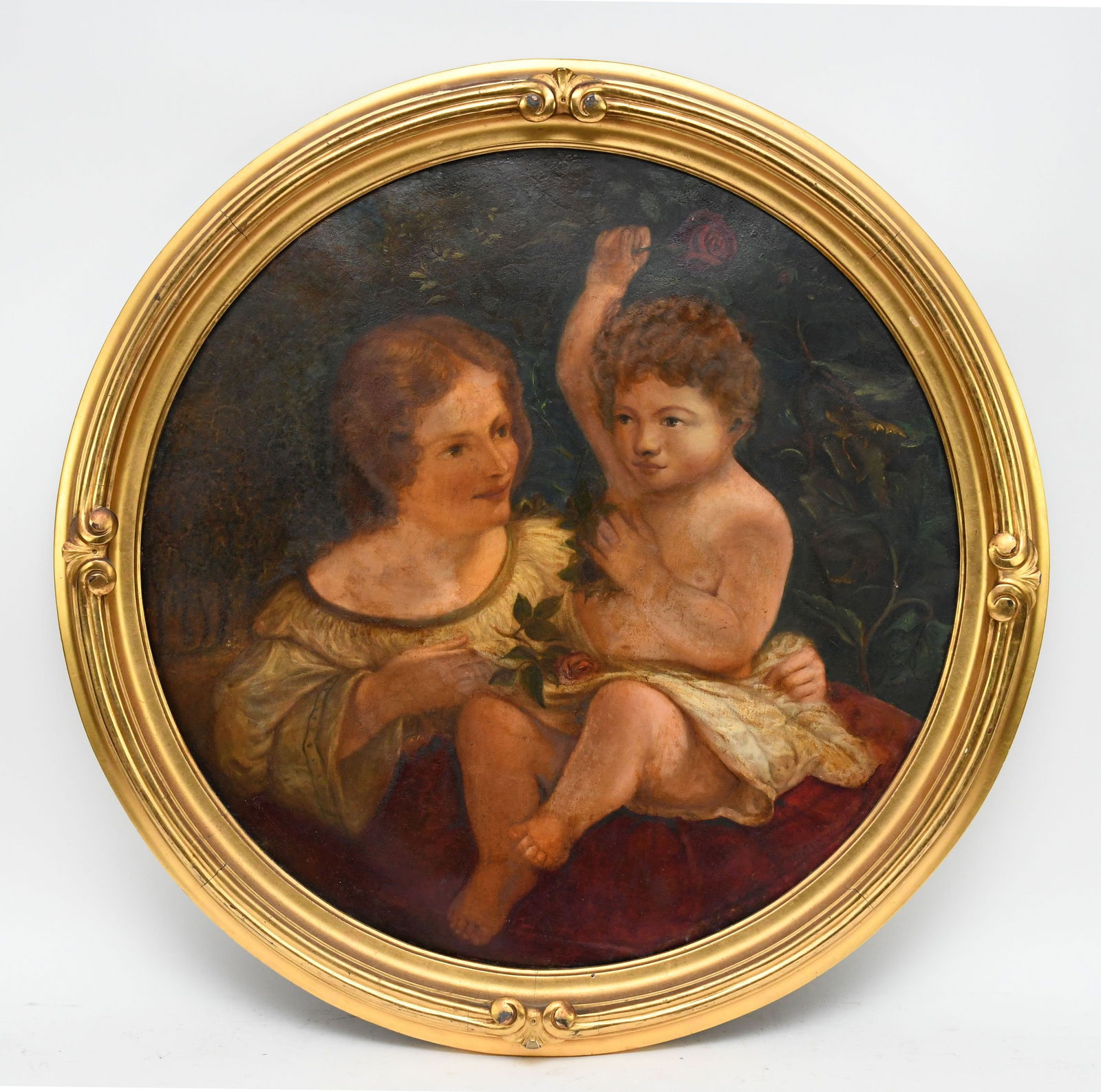 Anique Continental Painting depicting a Mother and her Child.  Oil on canvas. Set in In round gilt (1 of 5)
