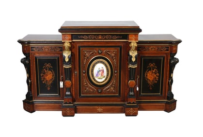American Victorian Rosewood Credenza, Aesthetic Movement Era, Late 19th c. Attributed to Pottier &