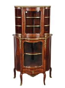 2 Pc. French Style Serpentine Vitrine, Veneer Marquetry with Bronze Mounts & Reticulated Gallery, 62