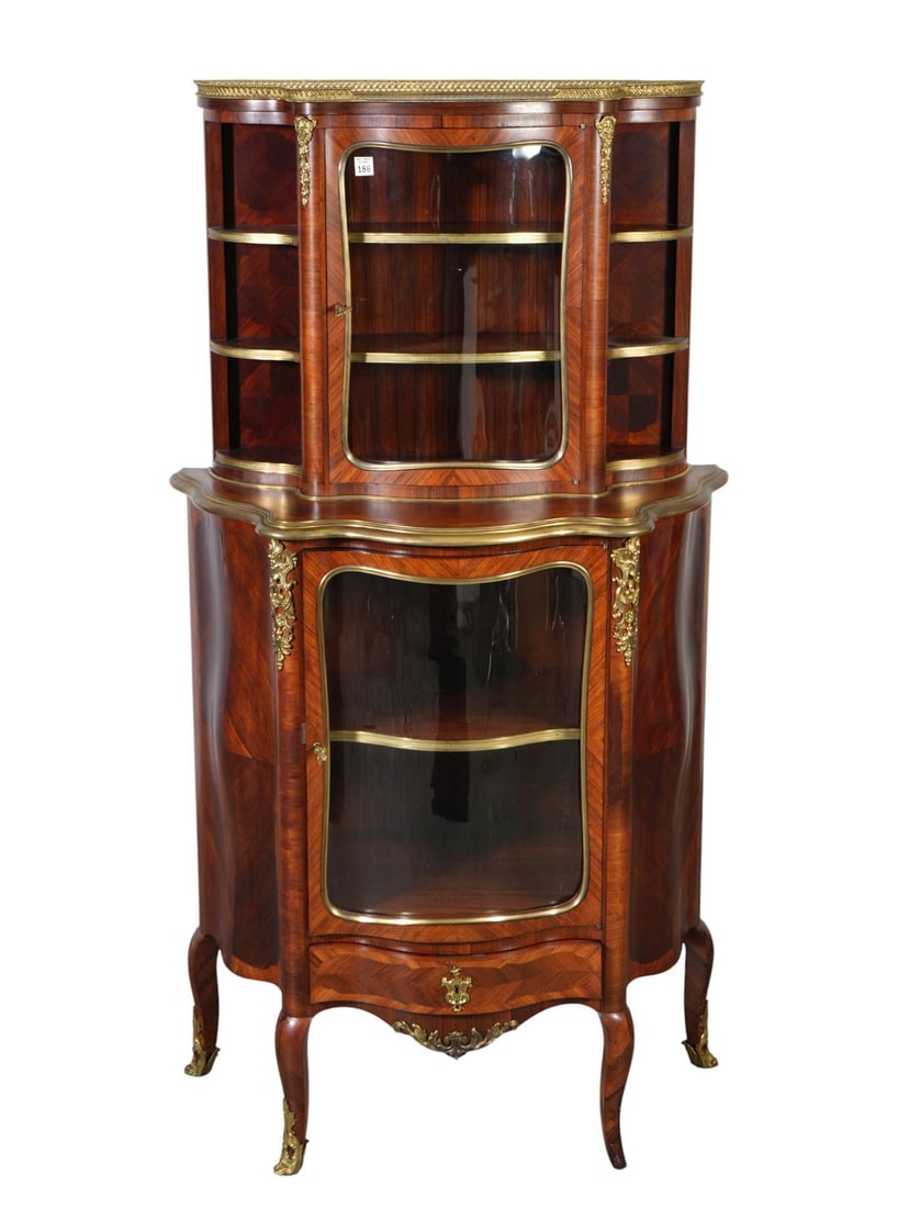 2 Pc. French Style Serpentine Vitrine, Veneer Marquetry with Bronze Mounts & Reticulated Gallery, 62 (1 of 10)