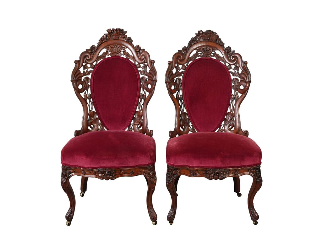 A Pair of Victorian Laminated John Belter Side Chairs On Castors, Frame is Carved Rosewood, Carved (1 of 5)