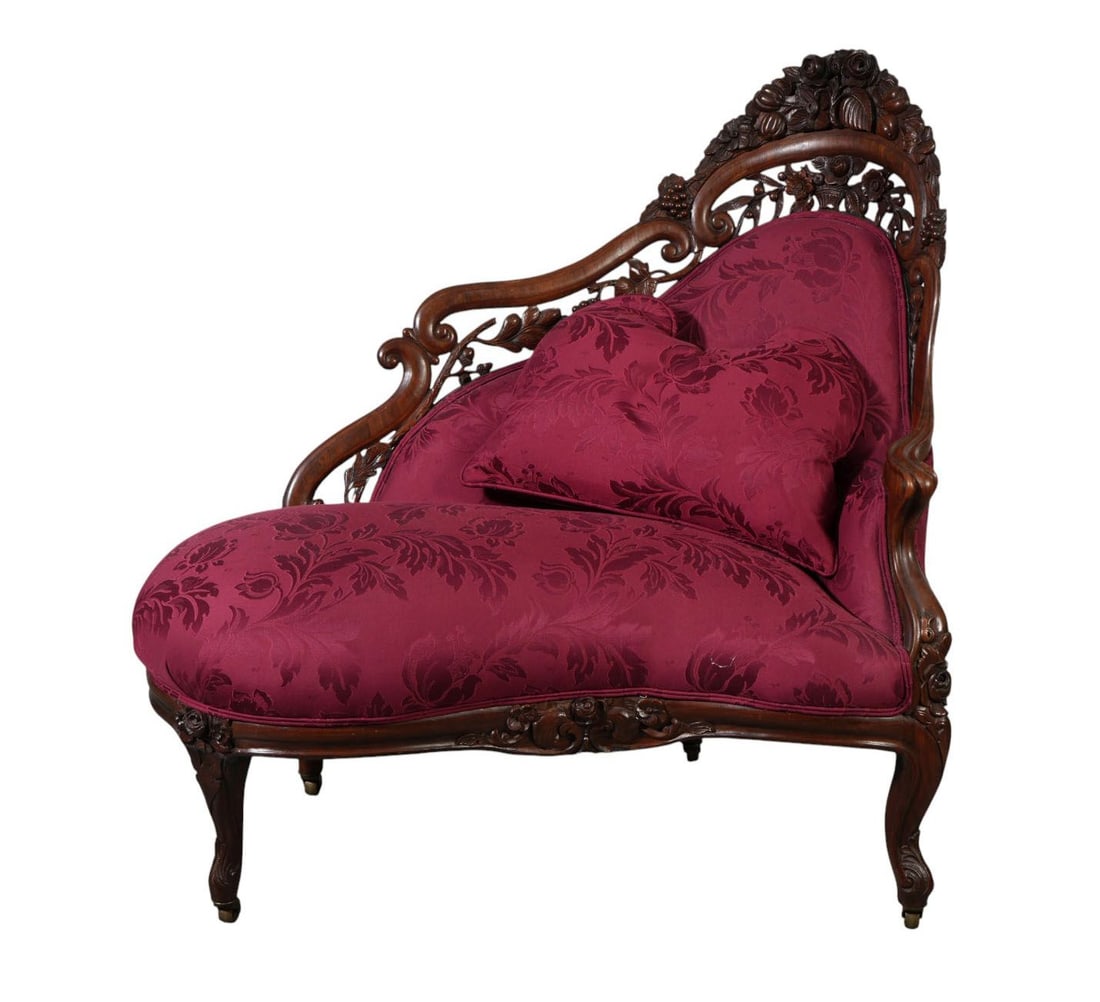 Diminutive Victorian Laminated John Belter Chaise on Castors, Carved Rosewood Floral with Fruit, (1 of 5)