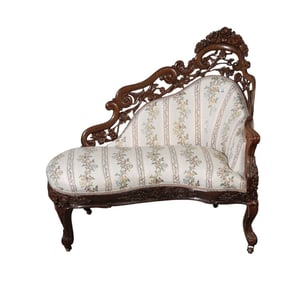 Diminutive Victorian Belter Chaise on Castors, Carved Rosette Crest and Carved Fruit, Acorn &