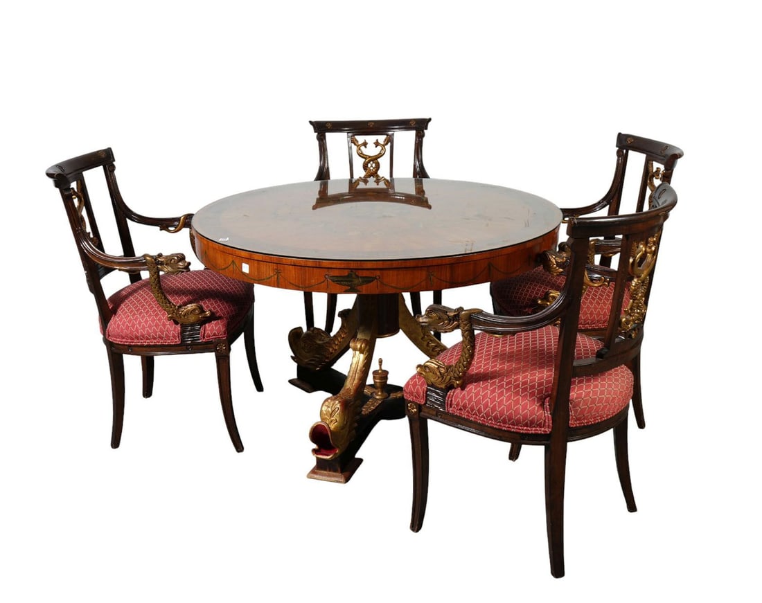 Round Inlay & Painted Dining Table, Classical Motif on Trifed Base with 3 Gilded Dolphins, 48"dia: Round Inlay & Painted Dining Table, Classical Motif on Trifed Base with 3 Gilded Dolphins, 48"dia SOLD WITH 4 Mahogany Chairs, Gilded & Carved Intertwining Dolphin Splats & Handrest Supports (one hand