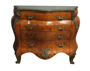19th Century Exaggerated Bombay Form 4-Drawer Chest, Burled Wood, Graduated Drawers with Bronze