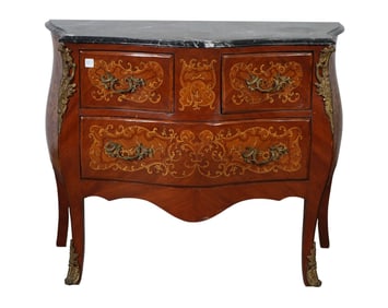 Burled Wood and Marquetry 3 Drawer Serpentine Chest with Conforming Black/White Marble Top, 31"H x