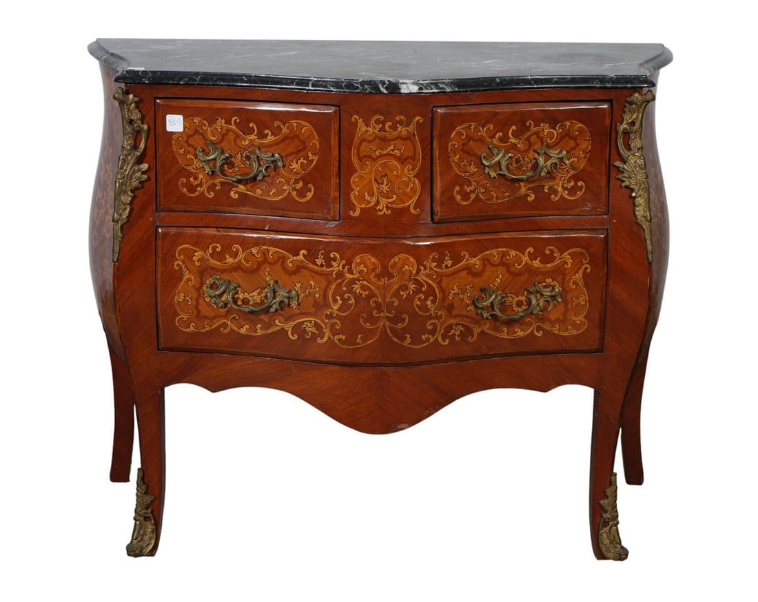Burled Wood and Marquetry 3 Drawer Serpentine Chest with Conforming Black/White Marble Top, 31"H x (1 of 7)