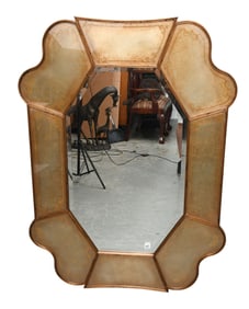 Theodore Alexander Mirror, Series of Gold Foil Panels with Gilt Design Surrounding Beveled Mirror,
