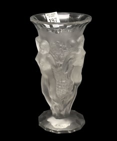 Lalique style Frosted Vase "Grape Harvest" Nudes and Grapes in relief 9" high x 4.5" Dia.