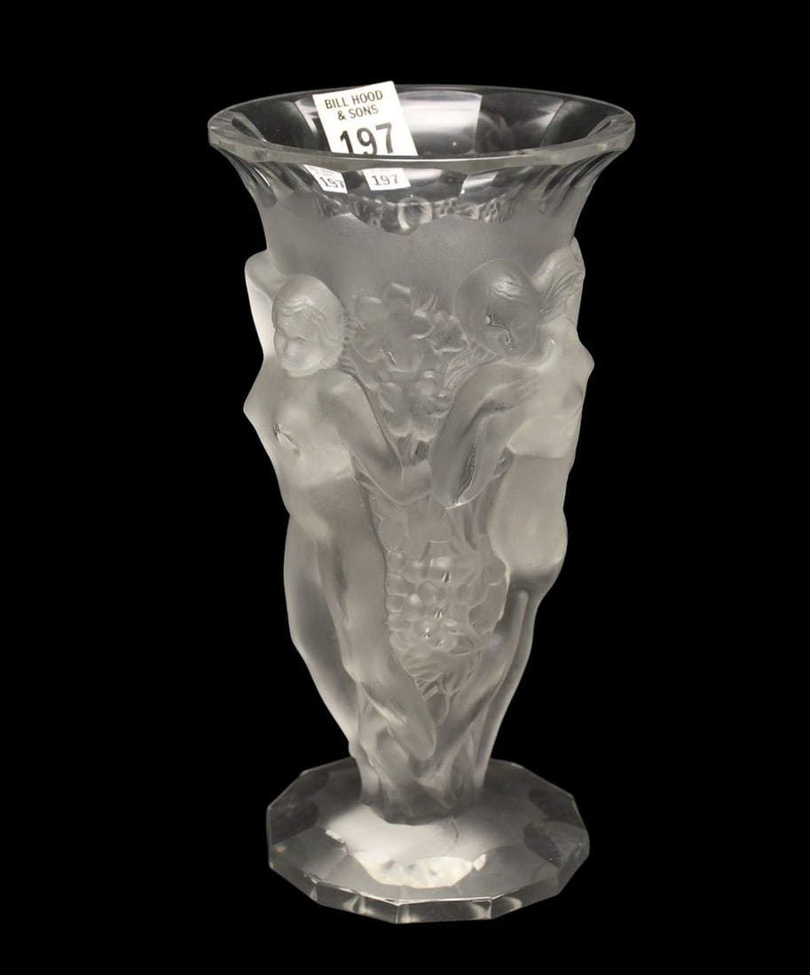 Lalique style Frosted Vase "Grape Harvest"  Nudes and Grapes in relief 9" high x 4.5" Dia. (1 of 4)