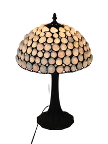 White Metal Lamp With leaf design at base, Seashell Shade, 19" high x 12" dia