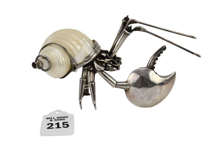 Sterling Silver & Shell Hermit Crab Figure - A sterling silver hermit crab figure with articulated
