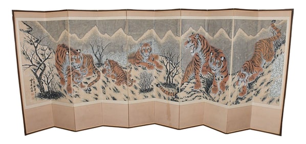 A Large Japanese 10-Panel Folding Screen, Tigers in Snow Motif - C. mid-20th century. A ten-panel
