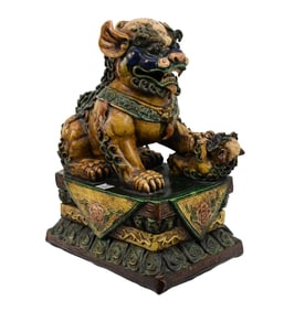 Antique Chinese Sancai Glazed Pottery Foo Dog Figure - C. 19th century. A Chinese pottery sculpture