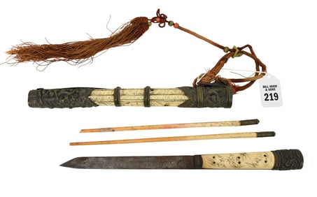 Antique Japanese Knife & Chopstick Traveling Set - C. 18th-19th century. An etched bone and brass
