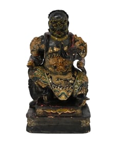 Chinese Polychrome Wood Guan Yu Guardian Figure - Carved wood, polychrome and gilt, applique
