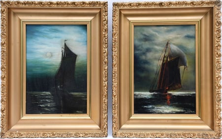 Pair 19th Century Sailboat Paintings Attr: to Frank Schoonover