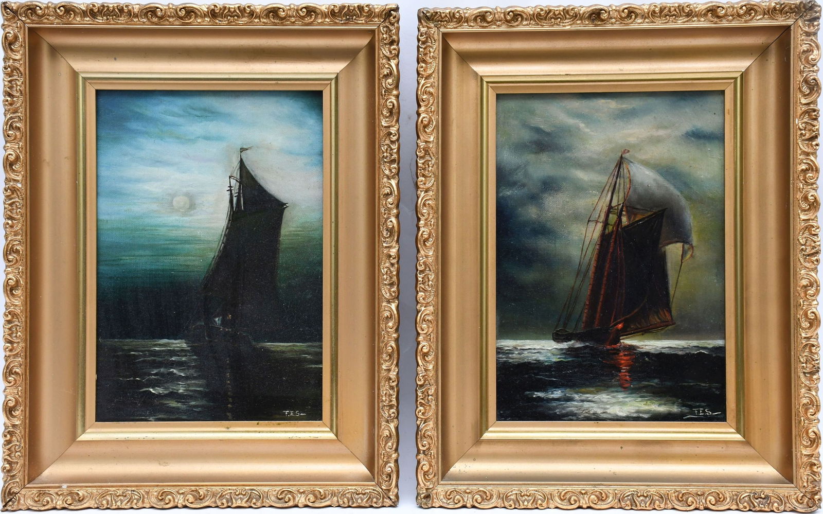 Pair 19th Century Sailboat Paintings Attr: to Frank Schoonover (1 of 8)
