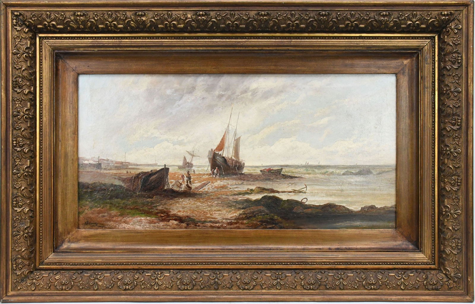 Thomas Bush Hardy (British, 1842-1897) oil on relined canvas, Coastal Scene -12 x 24 inches dated (1 of 7)