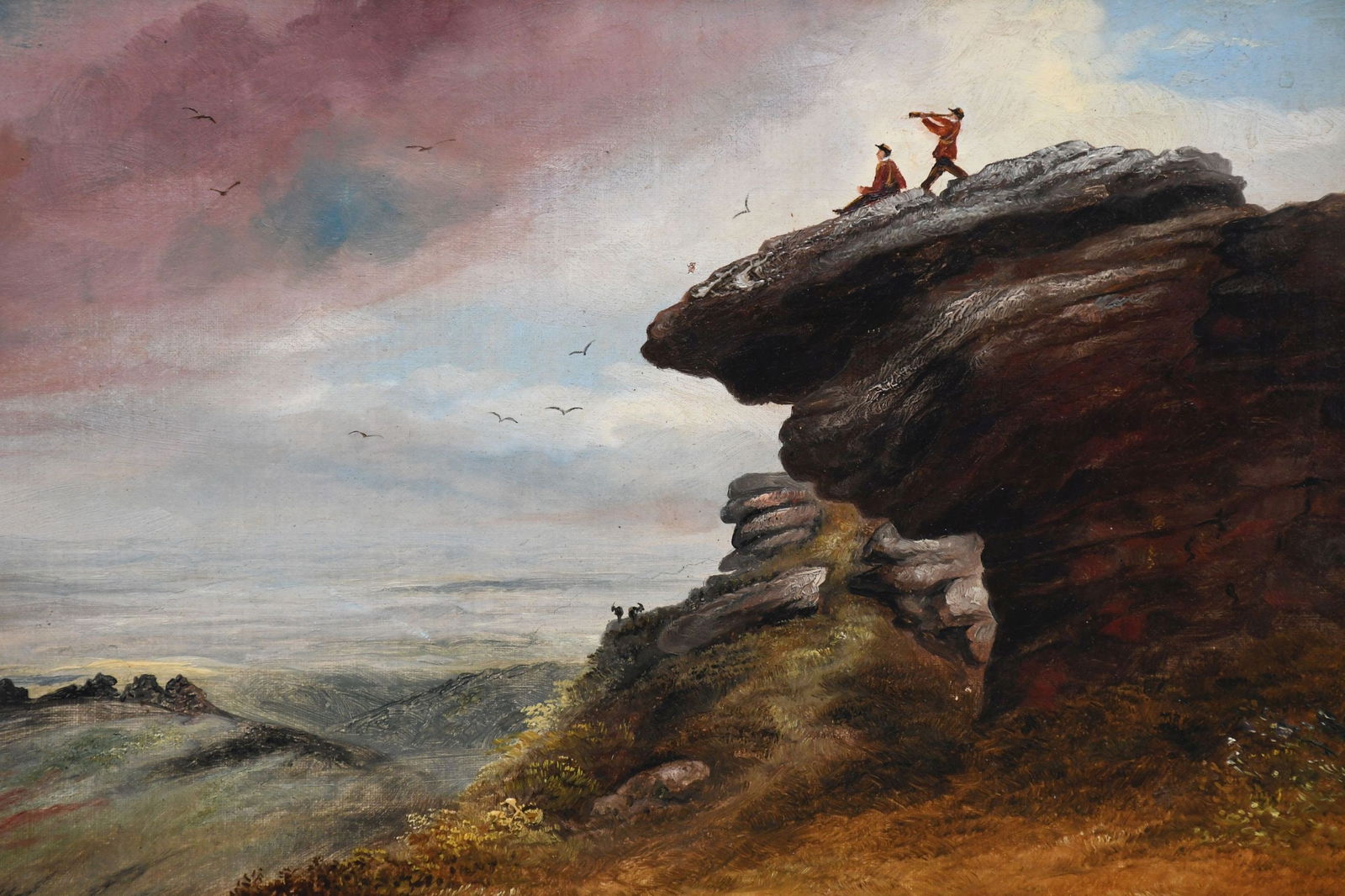 William Callow (British, 1812-1908) Two men on a cliff with spyglass, oil on canvas 12 x 18 inches,: William Callow (British, 1812-1908) Two men on a cliff with spyglass, oil on canvas 12 x 18 inches, overall frame size 16 1/4 x 22 1/4 inches.