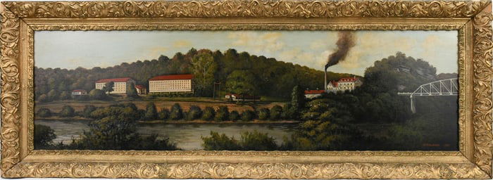 Folk Art oil on board, Americana Landscape signed CT Hughes 1945. overall size 16-1/2 x 45 inches