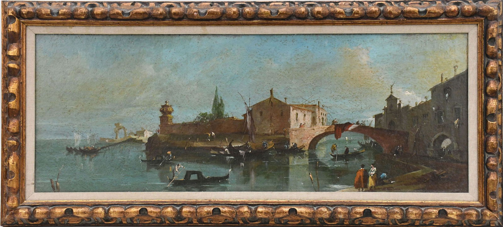 19th century Italian School, oil on cardboard, Venice Scene 9 x 24 1/2 inches in Antique frame size (1 of 5)