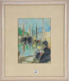 French School Pastel on paper, Harbor Scene- signed lower right/initialed BC. 13 x 9 1/4 inches,