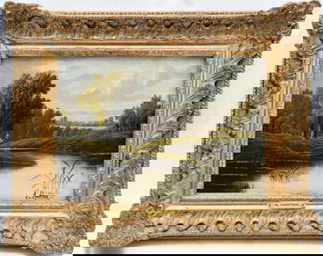 19th century by E Horton. Oil in canvas 10 x 14 inches, Landscape Man Fishing, overall frame size