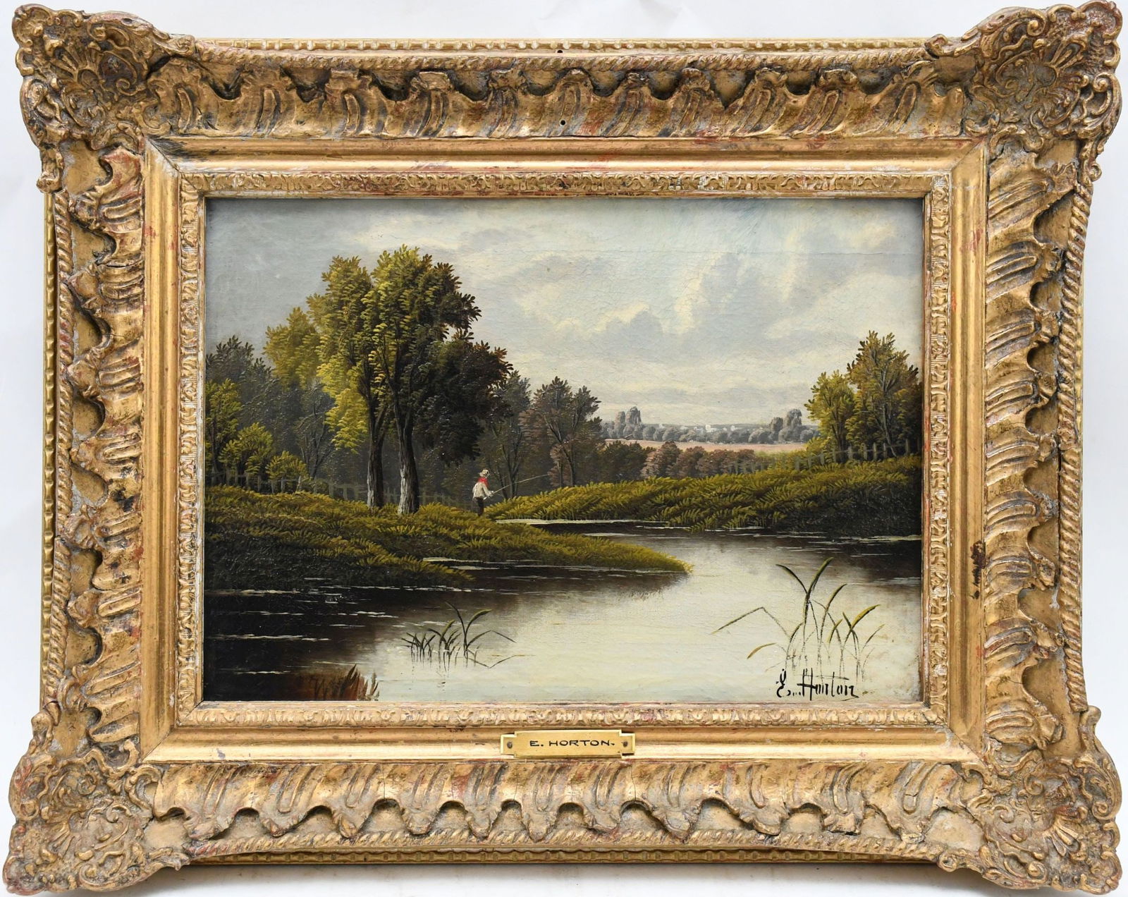 19th century by E Horton.  Oil in canvas 10 x 14 inches, Landscape Man Fishing, overall frame size (1 of 6)