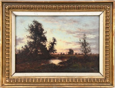 M Richet? Sunset landscape, oil in canvas, signed illegibly Richet lower right 15 1/4 x 20 1/4
