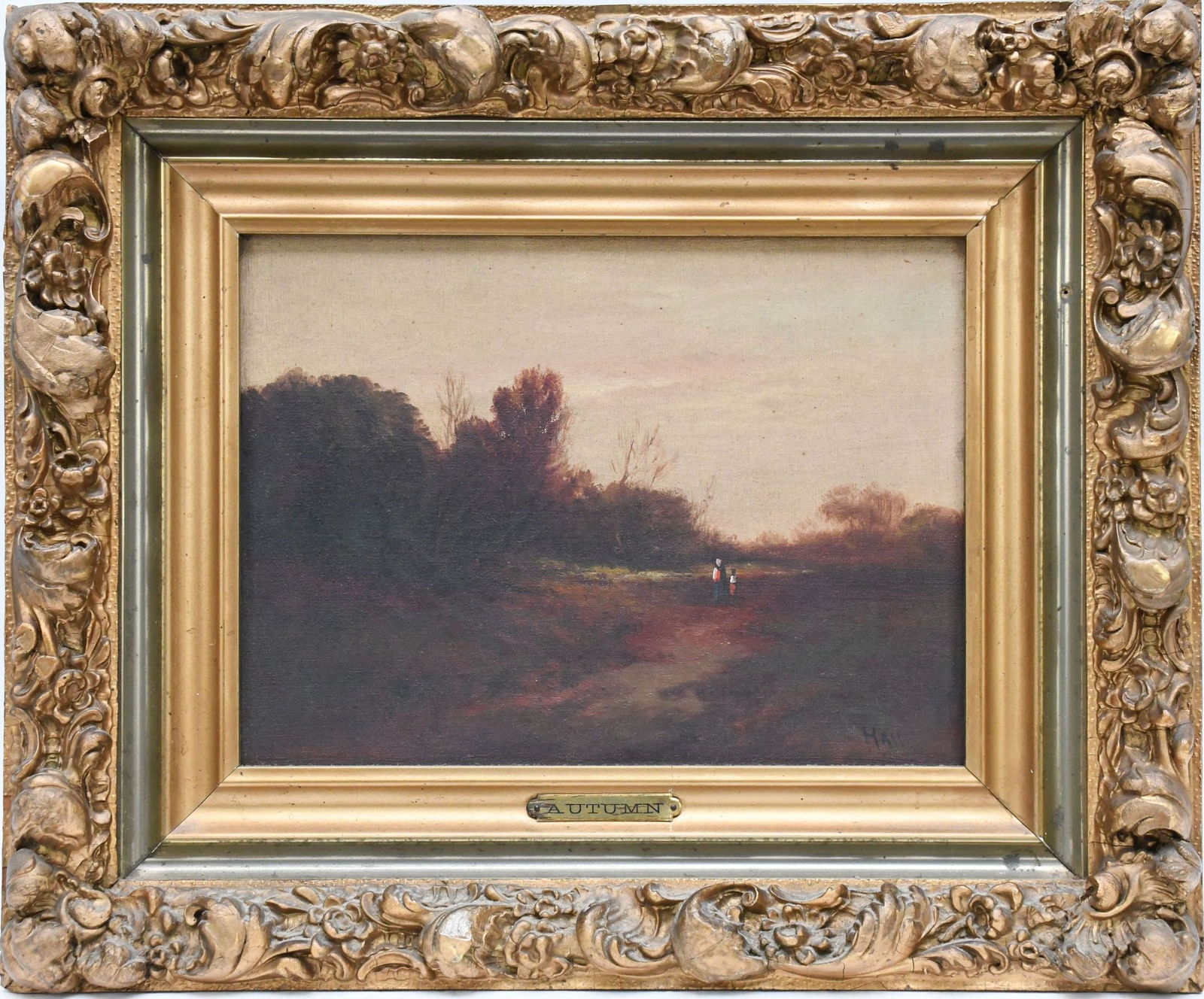 19th Century American school oil on canvas signed Hall. Autumn- Figures on a path, overall frame (1 of 6)