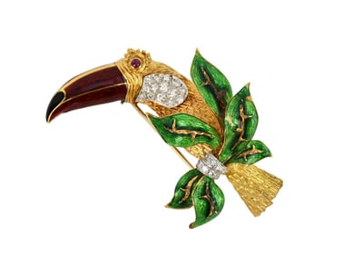 Corletto Italy 18K Yellow Gold Toucan Bird. Diamonds & Enamel. Wt. 29.9 grams,