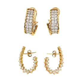 2 Pairs of 18k yellow Gold Diamond Earrings. 1.25" wt. 20.4 grams diamond SI I-Ii