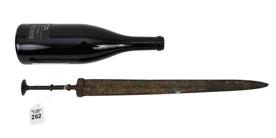 Chinese Bronze Sword - Bronze short sword of archaic Zhou style with inscriptions and