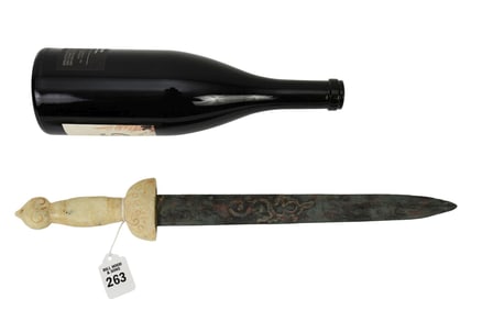 Chinese Jade-Fitted Bronze Sword - An archaic style short sword having a bronze blade with gold wire