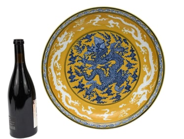 Chinese Yellow Glaze Porcelain Charger Plate with Blue five-claw dragon at center surrounded by