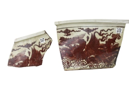 2 Chinese Ming Porcelain Fragments, Copper-red underglaze, Large Fragment is 15 x 10 x 6 and small