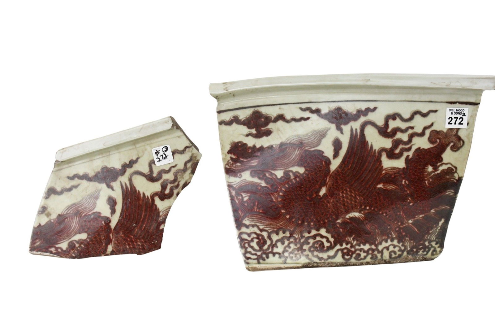 2 Chinese Ming Porcelain Fragments, Copper-red underglaze, Large Fragment is 15 x 10 x 6 and small (1 of 8)