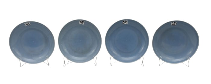 Four Chinese Monochrome Celadon Porcelain Plates, light blue glaze, seal mark to undersides, 9" dia