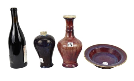 Three Chinese Flambe Glazed Porcelain Vessels, 2 vases and a 3 footed bowl, 10 1/2"h x
