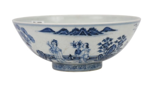 Chinese Blue and white Porcelain Bowl - Depicting landscape scene with figures in gardens, 7.5" dia