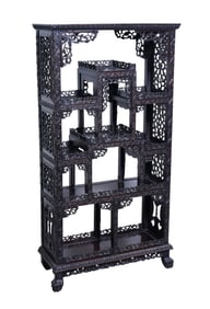 Antique Chinese ornately carved etagere with Fretwork, ebonized wood, Off-Set Shelving Creating